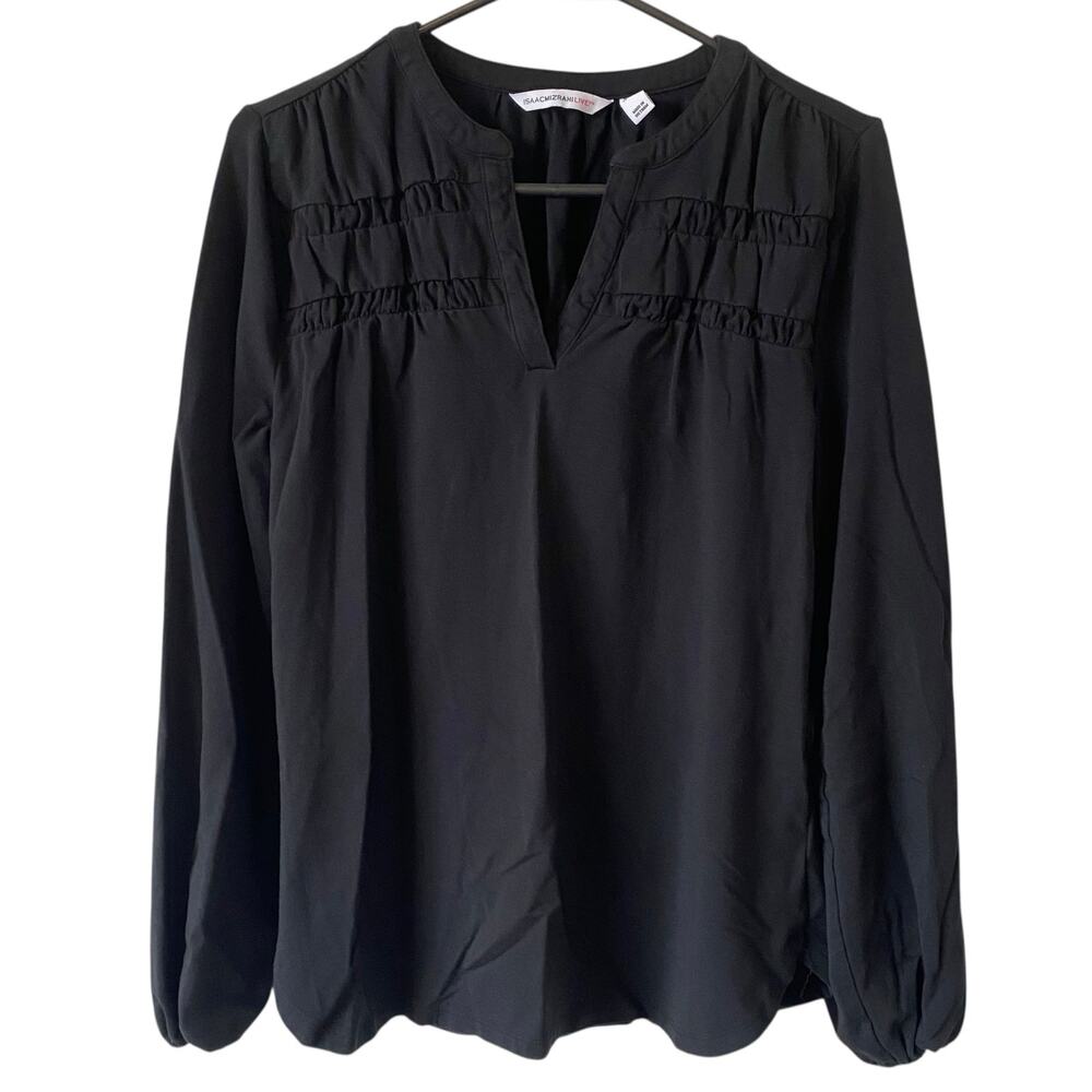 ISAAC MIZRAHI LIVE NWOT Long Sleeve Shirt Black Size Small V Neck Shirring Trim